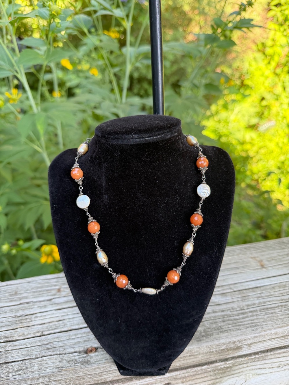 Vintage Rust Colored Glass Beads And Pearl Silver Tone Necklace 16” Toggle Clasp